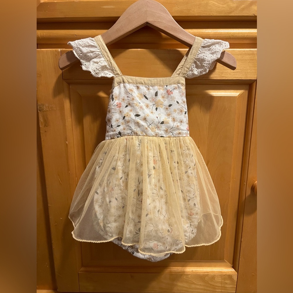 Floral Baby Bubble with Lace Sleeves and Tulle Skirt
